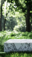 Wall Mural - white marble podium on grass, with ferns in the background