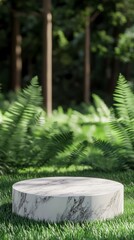 Wall Mural - white marble podium on grass, with ferns in the background