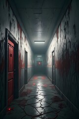 Wall Mural - Infinite Corridor of Terror: A Supernatural Horror Scene with Oozing Black Walls, Shifting Shadows, and a Blood-Red Glow from the Cracked Floor