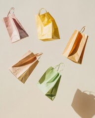 Poster - Contemporary Retail Display Dynamic Paper Shopping Bags on Neutral Backdrop - Sustainable Marketing Visuals for Eco-Friendly Retail Promotion and Consumer Engagement