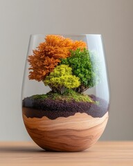 Poster - Biophilic Glass Terrarium Vibrant Moss and Plant Scene in Wooden Bowl - Sustainable Decor for Modern Interiors and Eco-Friendly Design Content