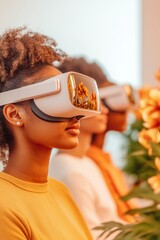 Aufkleber - Futuristic Well-Being VR Experience Modern Office Seminar with Diverse Group Using Sleek Headsets for Health Insights and Innovative Employee Engagement