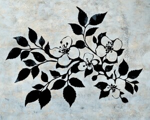 Wall Mural - Black floral branch design on textured background, home decor