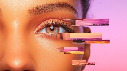 Poster - Glitch Art Fusion Vibrant Digital Eye Collage with Sunset Strips - Modern Mental Health Awareness Visual for Wellness Marketing and Youth Culture Engagement