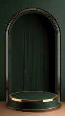 Canvas Print - dark green circular podium with gold trim, set against an arch-shaped curtain in the background.