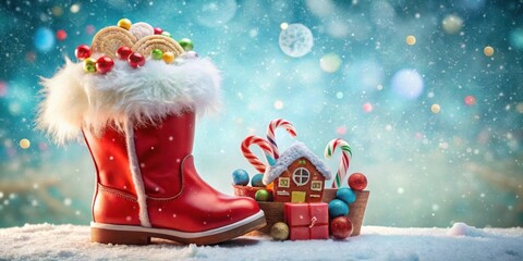 Poster - A Festive Red Boot Filled with Sweet Treats and a Gingerbread House Nestled in a Candy Cane Basket on a Snowy Scene with a Sparkling Background