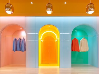 Poster - Vibrant Retail Spaces Contemporary Open Floor Plan with Bold Colors and Mirror Panels - Modern Fashion Merchandising and Dynamic Consumer Engagement for Urban Shopping Experiences