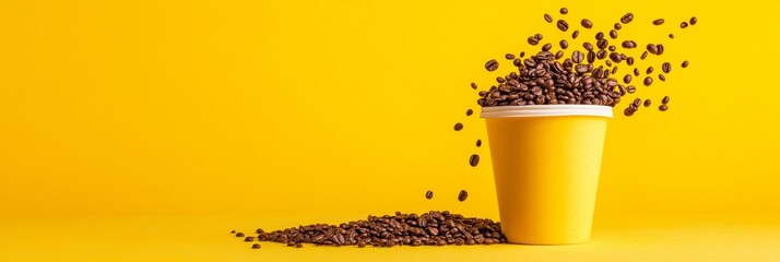 Poster - Monochromatic Minimalism Coffee Beans Flow from Paper Cup on Vibrant Yellow - Creative Beverage Marketing and International Trade Visual Content