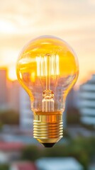 Leinwandbilder - Sunlit Edison Bulb Aesthetic Vintage Lightbulb Against Cityscape Backdrop - Creative Ideation and Urban Illumination for Contemporary Workspace Design