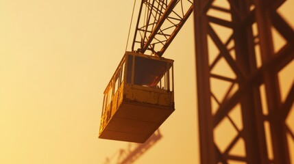 Poster - Sunset Construction Aesthetic Tower Crane Over Steel Framework Lifting Concrete Materials - Urban Growth and Infrastructure Development for Modern Cityscapes