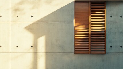 Leinwandbilder - Modern Architectural Aesthetic Sunlit Concrete Wall with Wooden Shutters for Urban Residential Design - Materials Showcase and Sustainable Living Concepts