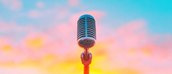 Aufkleber - Retro Performance Lighting Vintage Microphone and Acoustic Guitar Setup on Wooden Stage - Live Music Content for Engaging Entertainment Marketing and Event Promotion