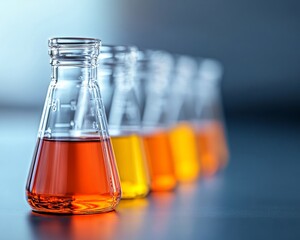 Fototapete - Sleek Clinical Research Display Gradient Glass Beakers with Vibrant Liquids on Polished Surface - Cutting-Edge Lab Diagnostics for Advanced Scientific Exploration