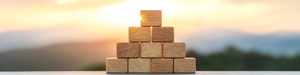 Poster - Rustic Minimalist Pyramid Stacked Wooden Blocks in Sunset Light - Leadership Content and Organizational Development in Modern Business Strategy
