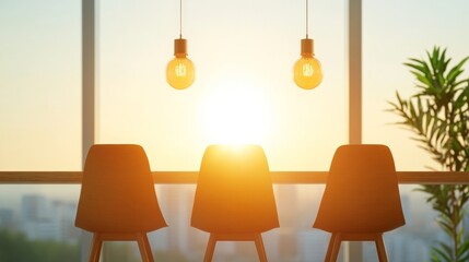 Poster - Scandinavian Office Social Zone Warm Wooden Chairs with Edison Bulbs and Sunlit Spaciousness - Enhanced Team Building and Modern Workspace Design for Creative Industries
