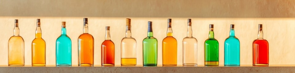 Poster - Geometric Spirit Bottle Display Illuminated Glass Patterns on Sleek Shelving for Upscale Bar Design and Modern Beverage Industry Aesthetics