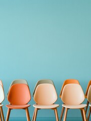 Poster - Mid-Century Modern Seating Vibrant Wooden Chairs in Pastel Hues - Architectural Event Marketing and Venue Design for Contemporary Business Spaces
