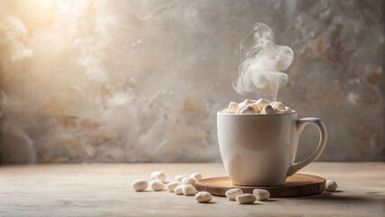 Poster - A steaming mug filled with fluffy marshmallows rests on a wooden coaster, surrounded by additional marshmallows on a neutral surface against a textured backdrop.