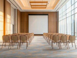 Aufkleber - Minimalist Business Presentation Venue Sunlit Conference Room with Elegant Rows of Chairs and Modern Whiteboard - Professional Training and Collaborative Knowledge Sharing Space