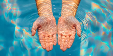 Poster - Ripple Aesthetic in Water Conservation Hands Cradling Stream Highlighting Sunlit Patterns - Eco-Friendly Visuals for Environmental Campaigns and Nature-Based Solutions