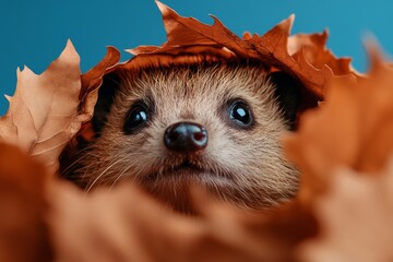 Poster - Nature-Inspired Autumn Visuals Hedgehog in Leafy Textures for Eco-Friendly Content and Wildlife Conservation Messaging in Urban Green Projects