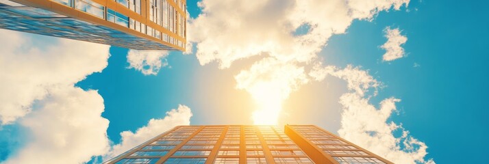 Poster - Contemporary High-Rise Apartments Glass Facades with Sunlit Sky Backdrop - Eco-Friendly Urban Living and Real Estate Development for Modern Communities
