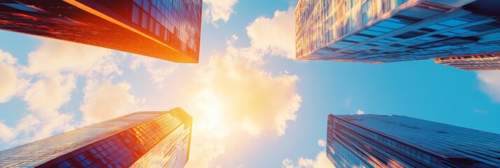 Poster - Urban Skyward Bloom Glass-Clad High-Rise Towers in Golden Hour Light - Contemporary Real Estate Content and Dynamic Mixed-Use Development Insights