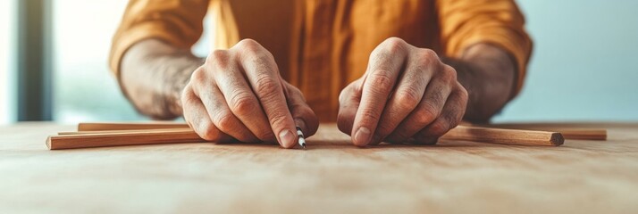 Poster - Modern Industrial Aesthetic Hands Strategizing on Wooden Desk with Pencils - Team Collaboration Content for Innovative Workspace and Corporate Branding