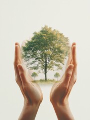 Poster - Eco-Conscious Imagery Nurturing Hand Pose with Tree Sapling, Texture of Natural Light and Earthy Tones Ideal for Green Business Branding and Environmental Campaigns