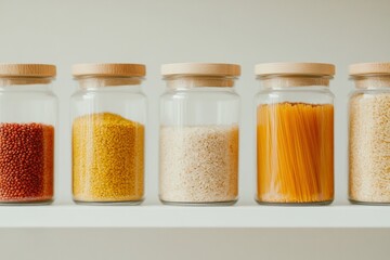 Poster - Minimalist Pantry Storage Glass Jars with Wooden Lids for Sustainable Kitchen Organization - Eco-Friendly Home Aesthetics and Smart Culinary Efficiency