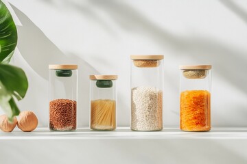 Poster - Minimalist Eco-Friendly Kitchen Display Glass Jars with Dry Goods on White Shelves - Sustainable Culinary Organization for Modern Homes and Green Retail Concepts