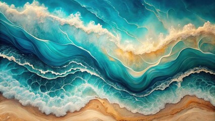 Poster - Serene Ocean Waves Crashing on Sandy Shore, Abstract Coastal Art Featuring Deep Teal and Golden Hues