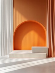 Wall Mural - Minimalist stage design with an orange and white podium, simple geometric shapes