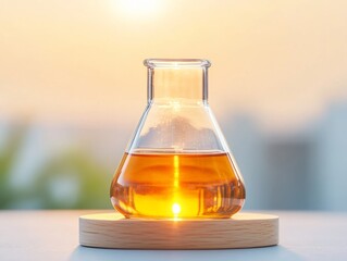 Poster - Minimalist Scientific Display Clear Glass Flask with Amber Liquid on Wooden Stand - Precision Design for Modern Laboratory Content and Innovative Research Marketing