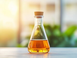 Poster - Eco-Luxe Scientific Aesthetic Transparent Glass Flask with Amber Liquid in Sunlit Lab - Sustainable Chemistry Content and Modern Pharmaceutical Merchandising