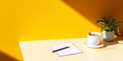 Poster - Minimalist Workspace Inspiration Yellow Desk with Spiral Notebook, Pen and Coffee Mug - Creative Industry Content and Efficient Planning Aesthetics