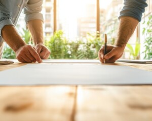 Poster - Eco-Inspired Office Collaboration Hands Signing Contract on Reclaimed Wood, Light-Filled Workspace Modern Business Agreement for Sustainable Growth and Professional Development