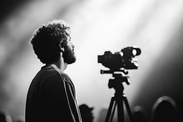 Poster - dynamic event filming male broadcast camera operator on tripod captures live journalism - media cove
