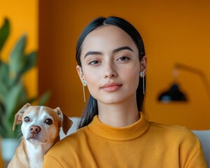 Aufkleber - Modern Pet-Friendly Office Aesthetic Latina with Cochlear Implant and Small Dog in Cozy Workspace - Inclusive Culture and Community Leadership in Contemporary Business