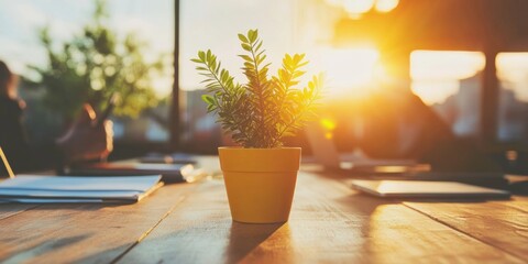 Fototapete - Biophilic Office Design Sunlit Workspace with Green Plant on Wooden Desk for Modern Team Collaboration - Enhancing Creativity and Productivity in Sustainable Business Environments