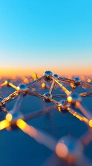 Poster - Futuristic Network Visualization Glowing Metal Nodes on Curved Glass Surface - Digital Transformation Art for Tech Industry and Global Connectivity Solutions