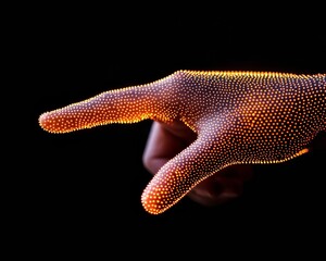 Fototapete - Digital Aura Touch Interface Cybernetic Hand with Glowing Particle Mesh on Dark Canvas - Advanced Tech Content and Secure Data Exchange for Innovation in Digital Trust