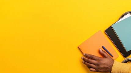 Fototapete - Minimalist EdTech Flat Lay Vibrant Learning with Digital Tablets and Notebooks for Inclusive Virtual Study - Enhancing Collaborative Education Design in Startup Spaces