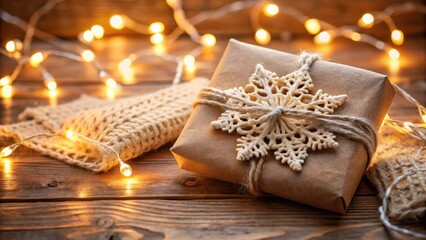 Poster - A rustic, handcrafted gift, adorned with a delicate snowflake, rests on a wooden surface illuminated by warm, glowing string lights, creating a cozy and festive atmosphere.