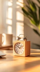 Poster - Minimalist Wooden Desk Clock Natural Texture in Modern Office - Elevate Workflow Efficiency and Aesthetic in Professional Settings