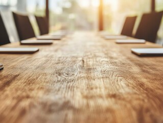 Fototapete - Scandinavian-Inspired Business Meeting Space Rustic Oak Table with Notepads in Sunlit Conference Room - Collaborative Content Creation and Team Innovation Hub