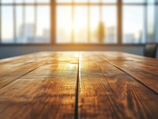 Poster - Sunlit Wooden Conference Table Minimalist Design for Modern Office Collaboration - Business Innovation and Professional Team Engagement