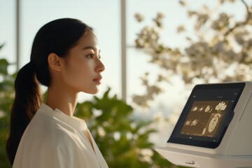 Poster - Minimalist Health Tech Portrait Asian Female Professional with Diagnostic Touchscreen in Modern Clinic - Innovative Medical Practice and Advanced Healthcare Interface