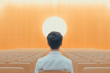 Aufkleber - Minimalist Conference Design Young Professional Viewing Sunlit Wooden Auditorium - Modern Educational Content and Medical Symposium Engagement Analysis