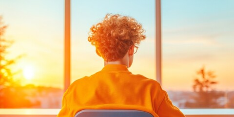 Aufkleber - Vibrant Educational Setting Curly Haired Boy at Sunset - Inspiring Learning and Classroom Design for Diverse Modern Education and Youth Engagement